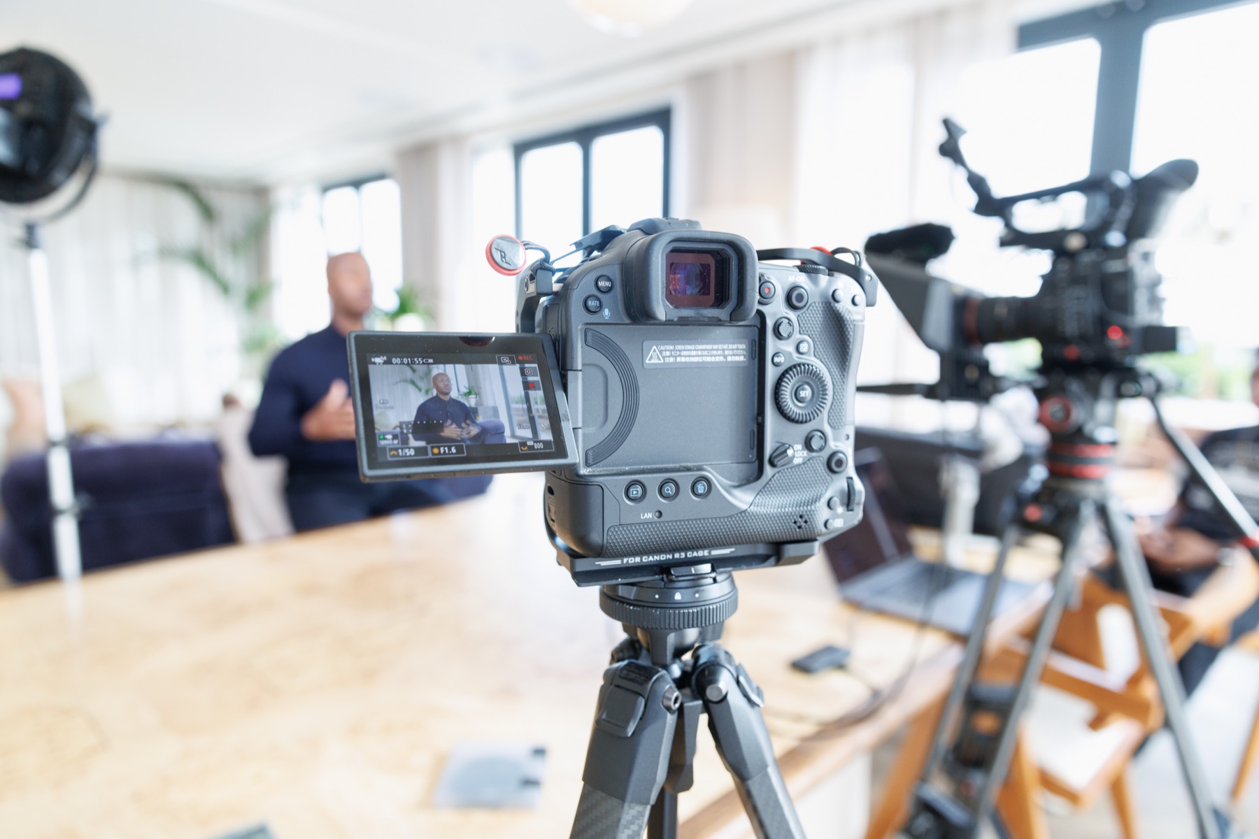 Canon camera monitor showing the interview subject, with a second cinema rig behind